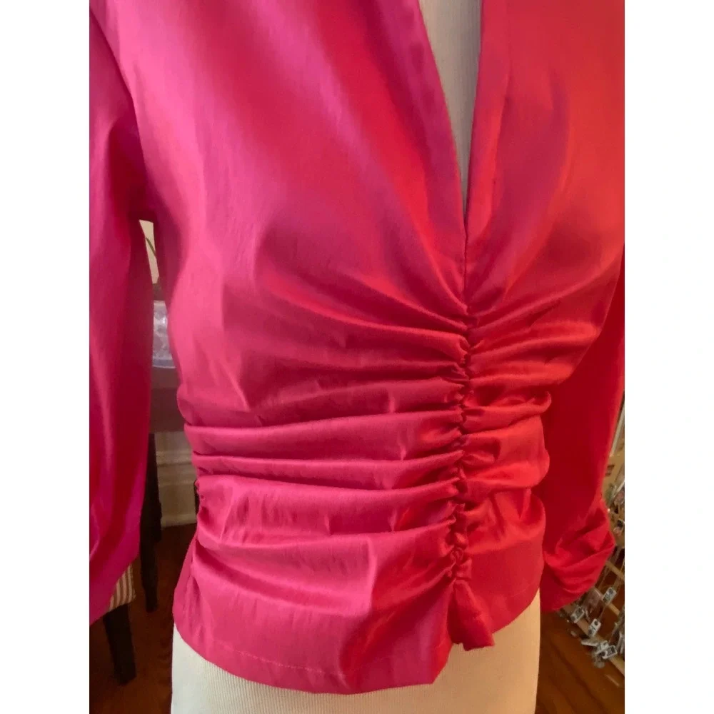 Tadashi Shoji Hot Pink Ruched V-Neck Blouse Long Sleeve formal top size 8 - Picture 5 of 8